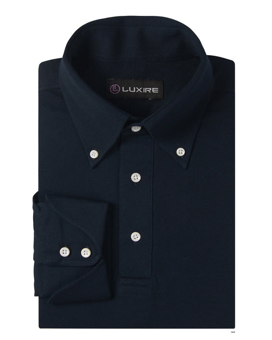 Front of the custom oxford polo shirt for men by Luxire in midnight navy