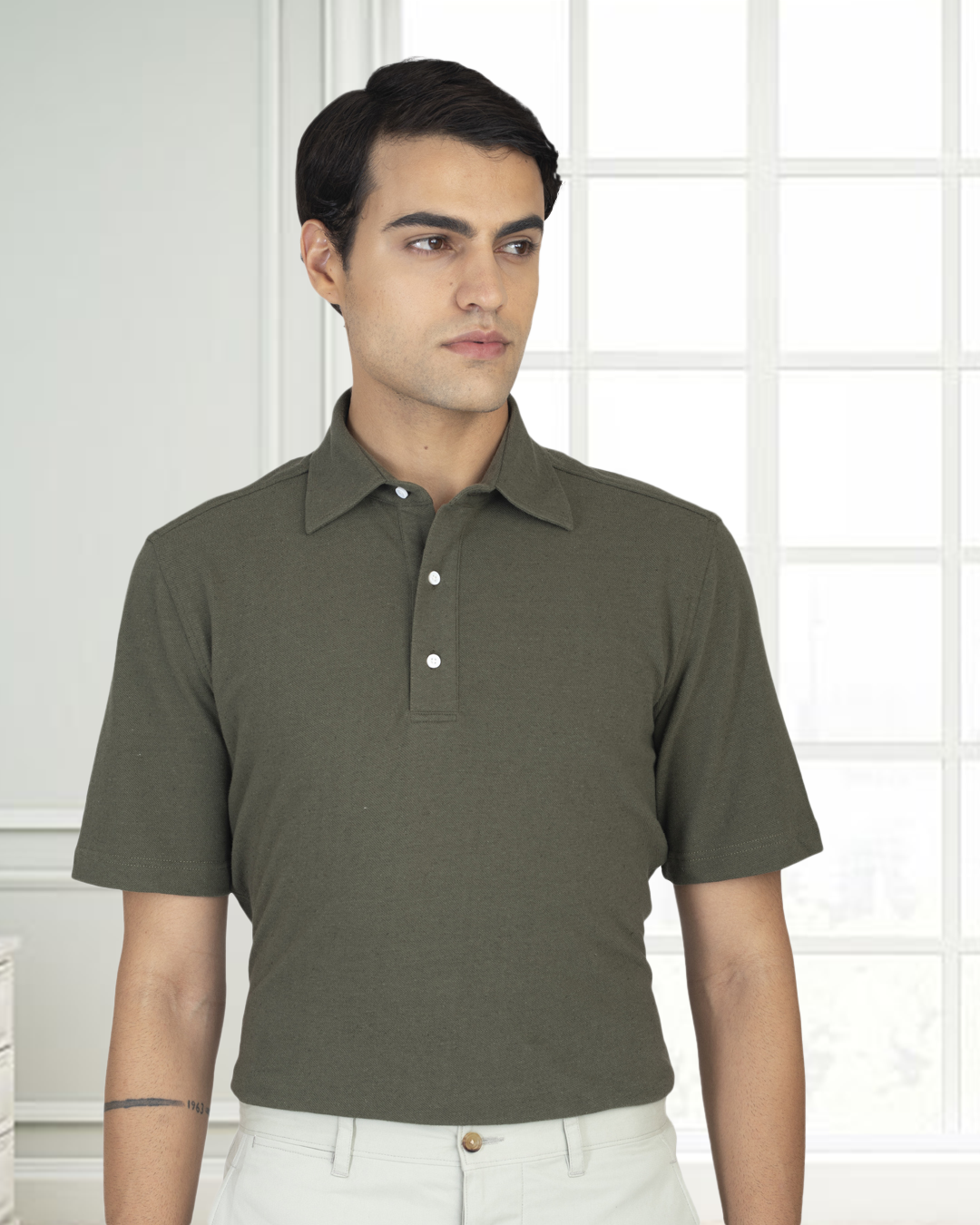 Olive Green Linen Cotton Polo T-Shirt - 2
