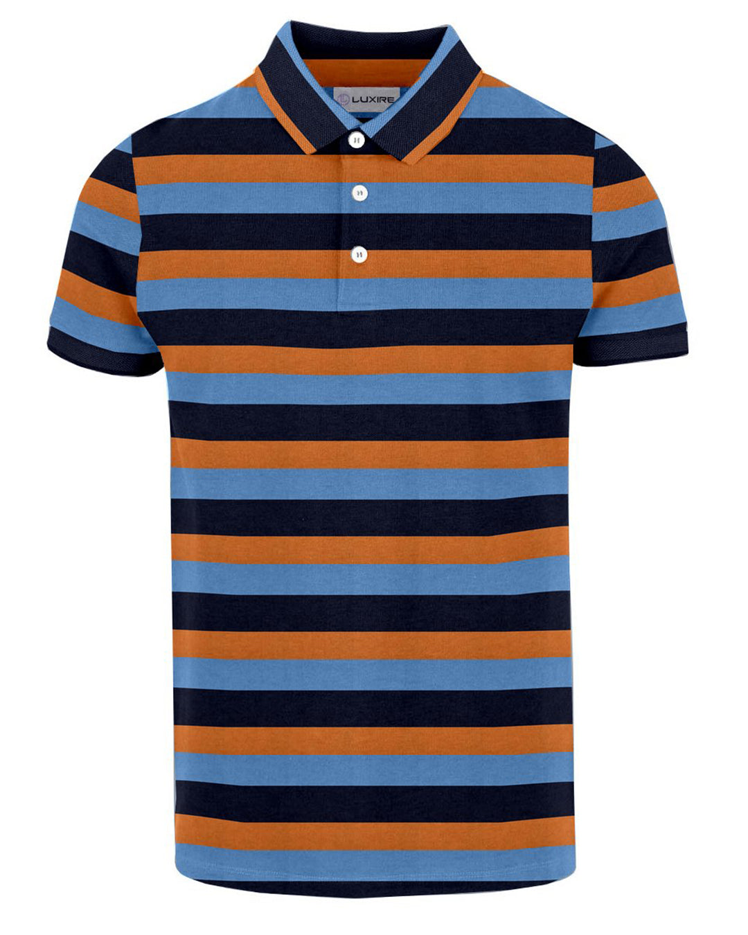 Front of the custom oxford polo shirt for men by Luxire with navy blue and orange stripes