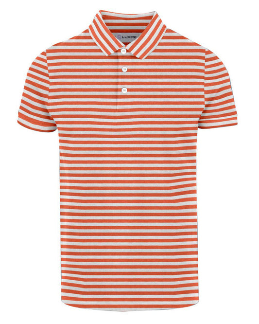 Front of the custom oxford polo shirt for men by Luxire in orange and white stripes