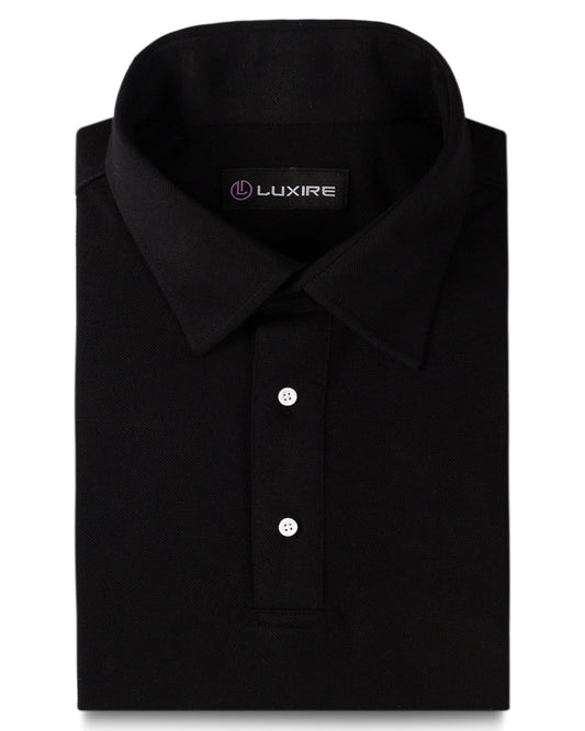 Front of the custom oxford polo shirt for men by Luxire in soft black