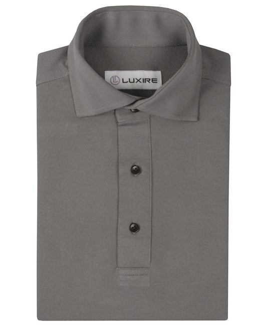 Front of the custom oxford polo shirt for men by Luxire in soft grey
