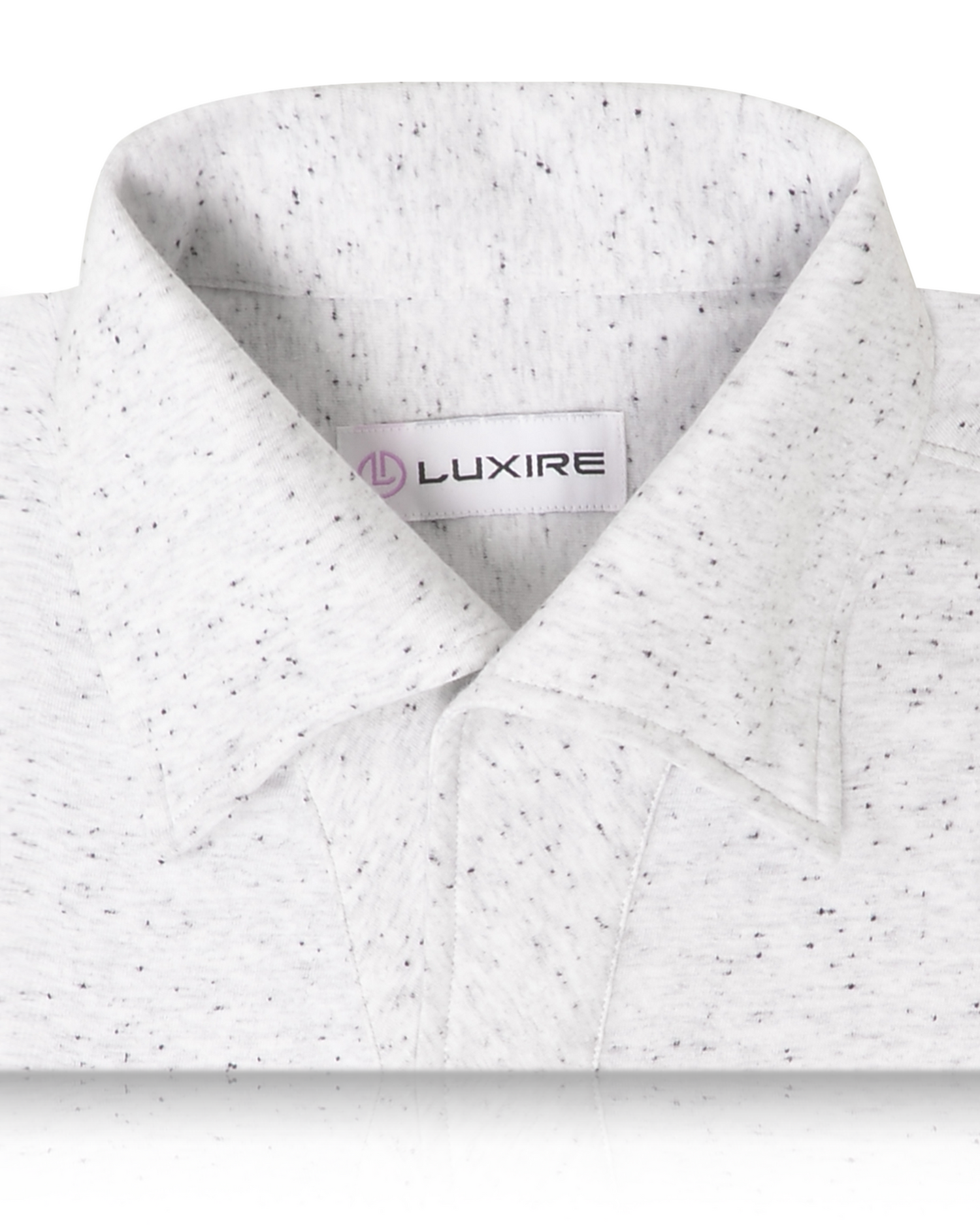 Collar of the custom oxford polo shirt for men by Luxire in speckled white