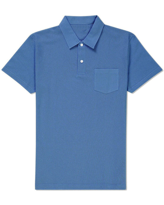 Front of the custom oxford polo shirt for men by Luxire in steel blue