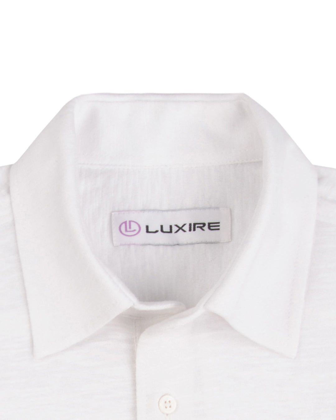 Collar of the custom oxford polo shirt for men by Luxire in white heather