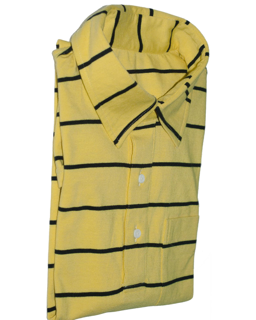 Folded front of the custom oxford polo shirt for men by Luxire in yellow with black stripes