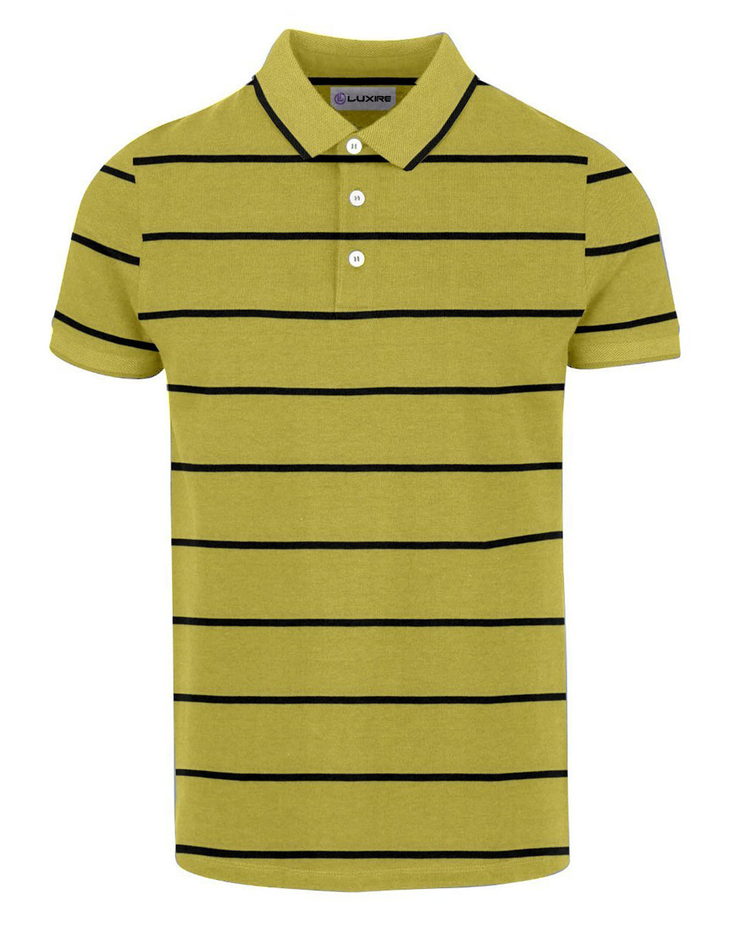 Front of the custom oxford polo shirt for men by Luxire in yellow with black stripes