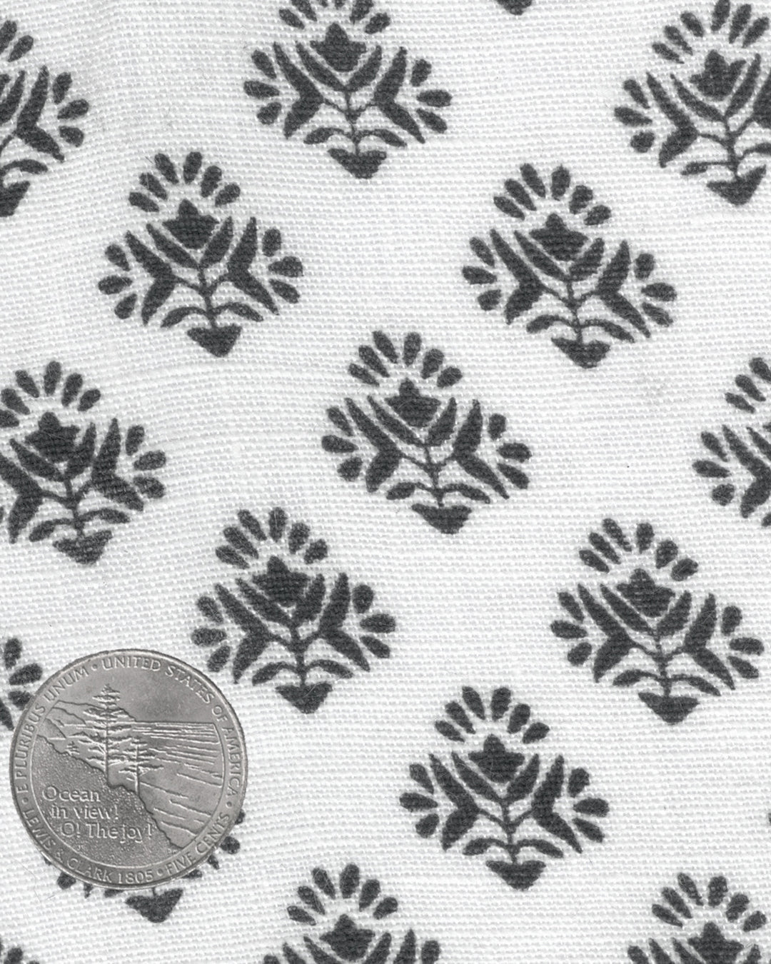 Linen:Black Flowers Printed on White Linen - 5
