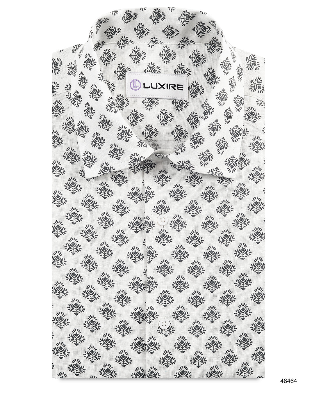 Front view of custom linen shirt for men by Luxire in black flower print