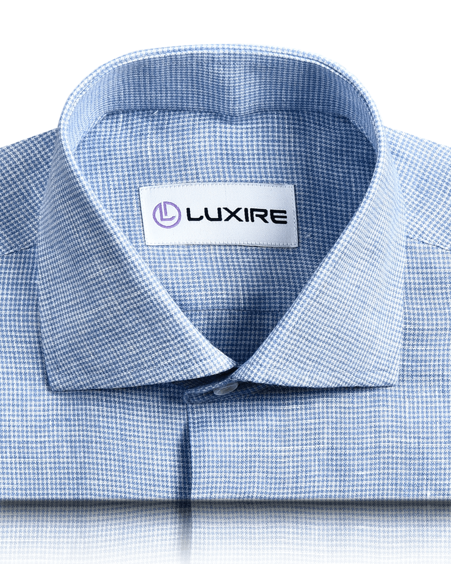 Collar of custom linen shirt for men in white blue micro houndstooth