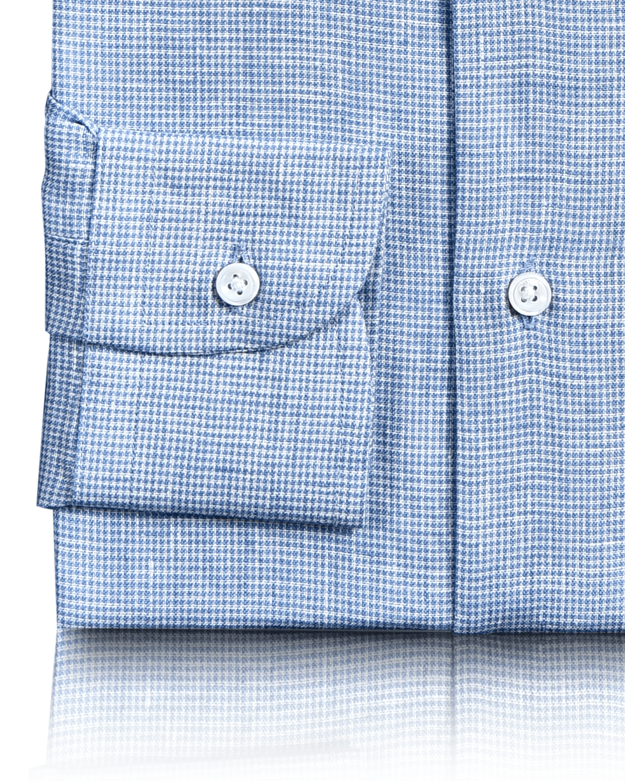 Cuff of custom linen shirt for men in white blue micro houndstooth