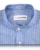 Collar of the custom linen shirt for men in blue with white chalk stripes by Luxire Clothing