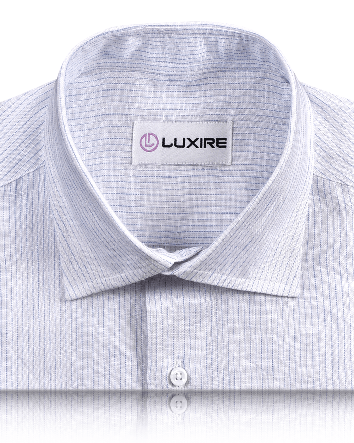 Collar of the custom linen shirt for men in white with thin blue stripes by Luxire Clothing
