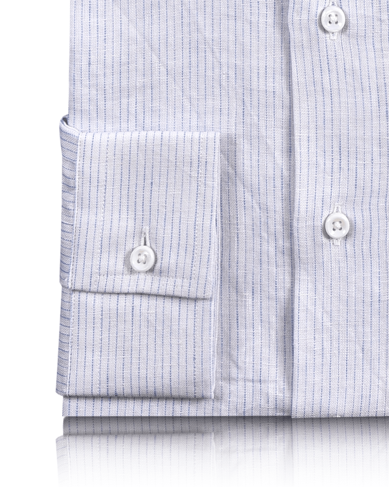 Cuff of the custom linen shirt for men in white with thin blue stripes by Luxire Clothing