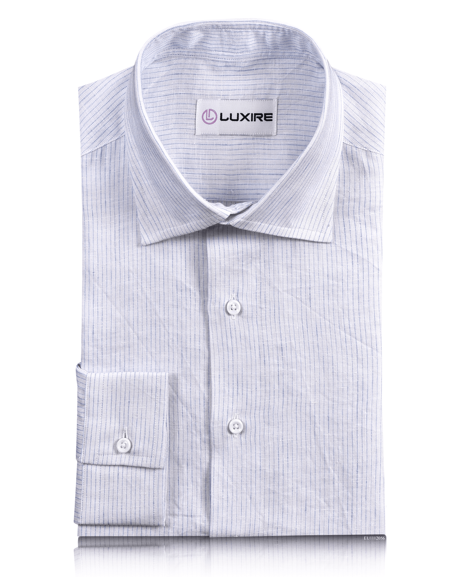 Front of the custom linen shirt for men in white with thin blue stripes by Luxire Clothing