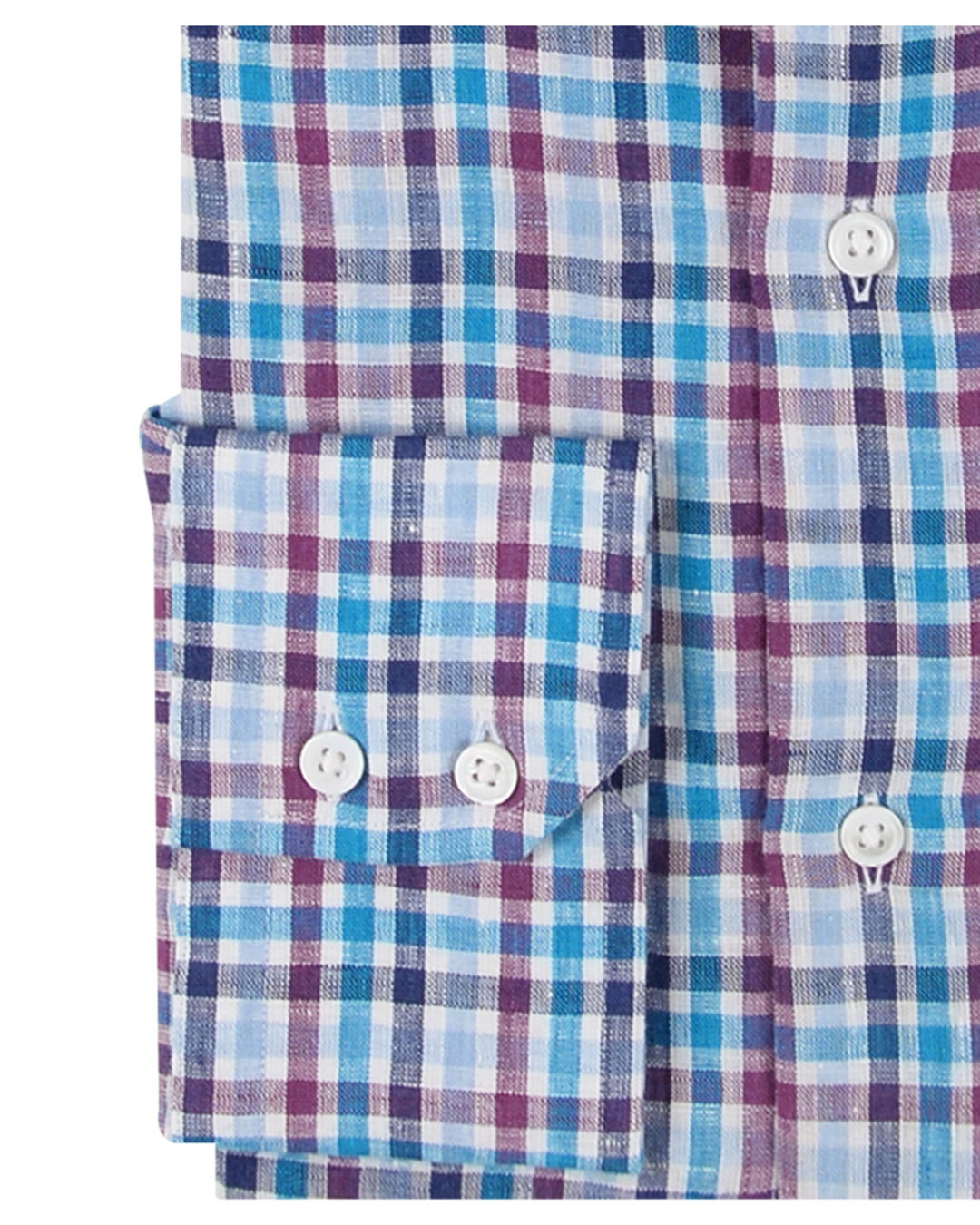 Cuff of custom linen shirt for men in Blue Purple Navy Tattersall