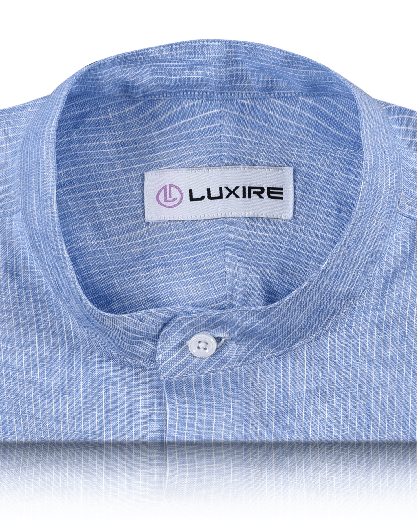 Collar of the custom linen shirt for men in white and blue stripes by Luxire Clothing