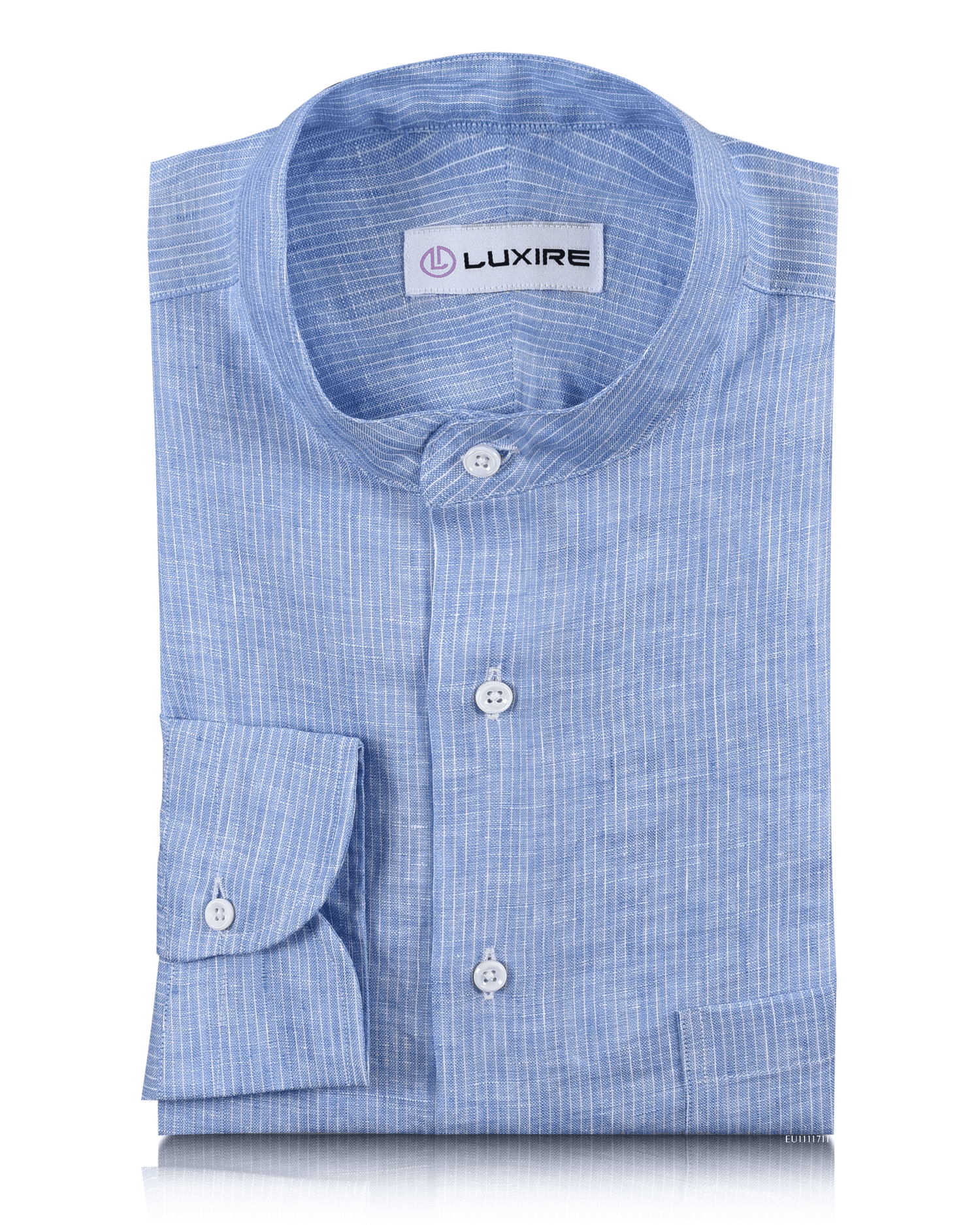 Front of the custom linen shirt for men in white and blue stripes by Luxire Clothing