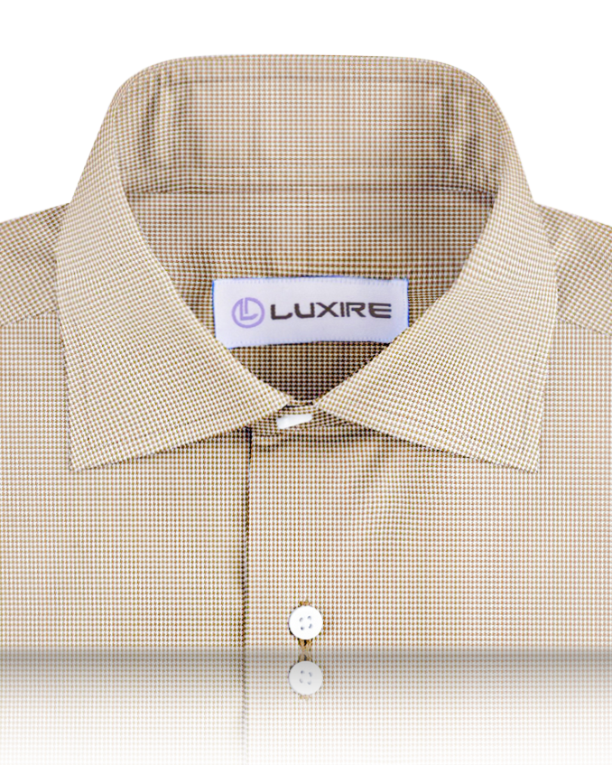 Collar of the custom linen shirt for men in light brown with white checks by Luxire Clothing