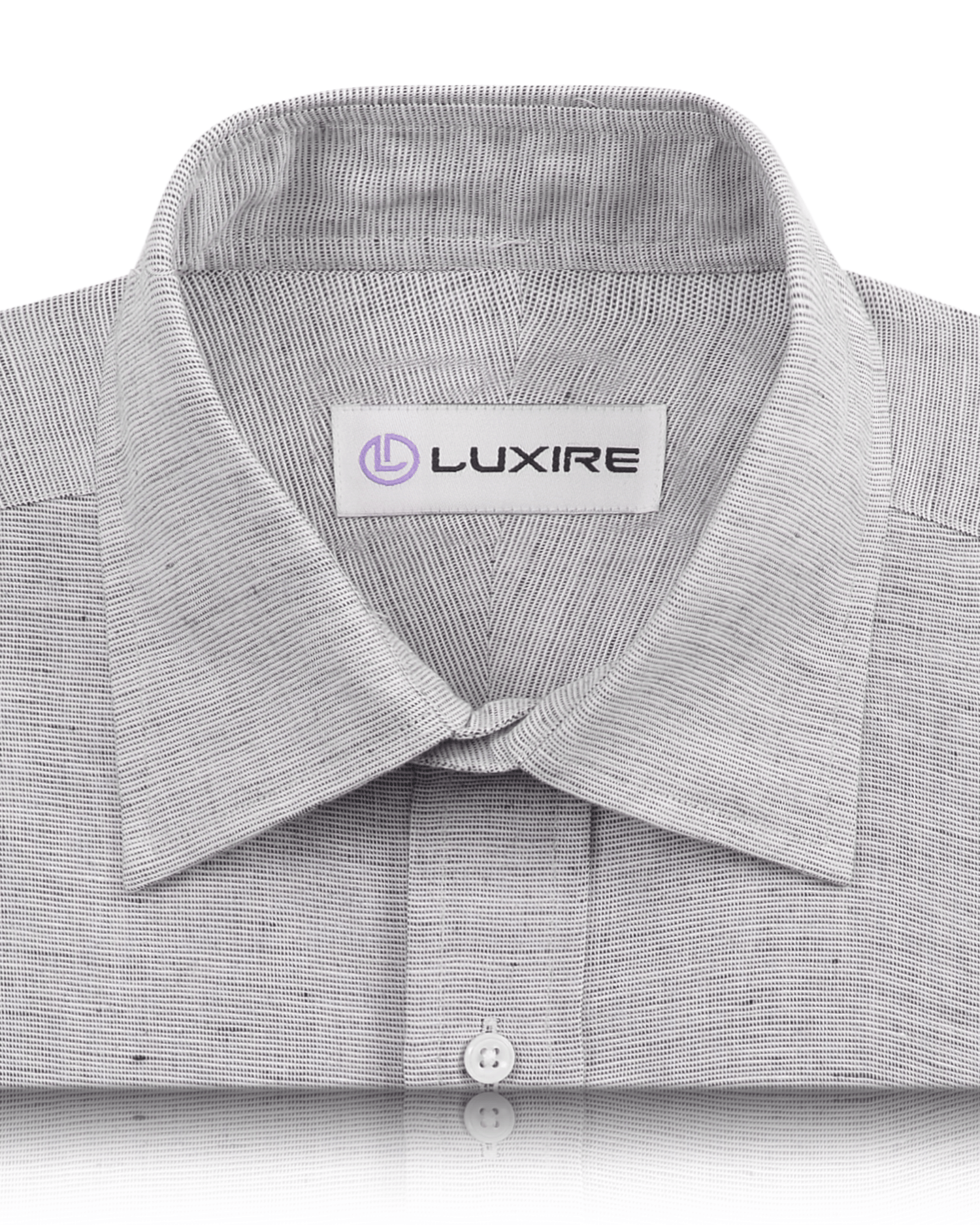 Collar of the custom linen shirt for men in black and white chambray by Luxire Clothing