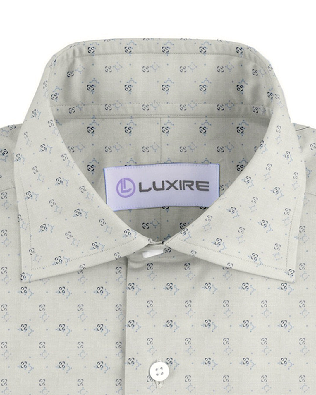 Collar of custom linen shirt for men in blue and navy geometric