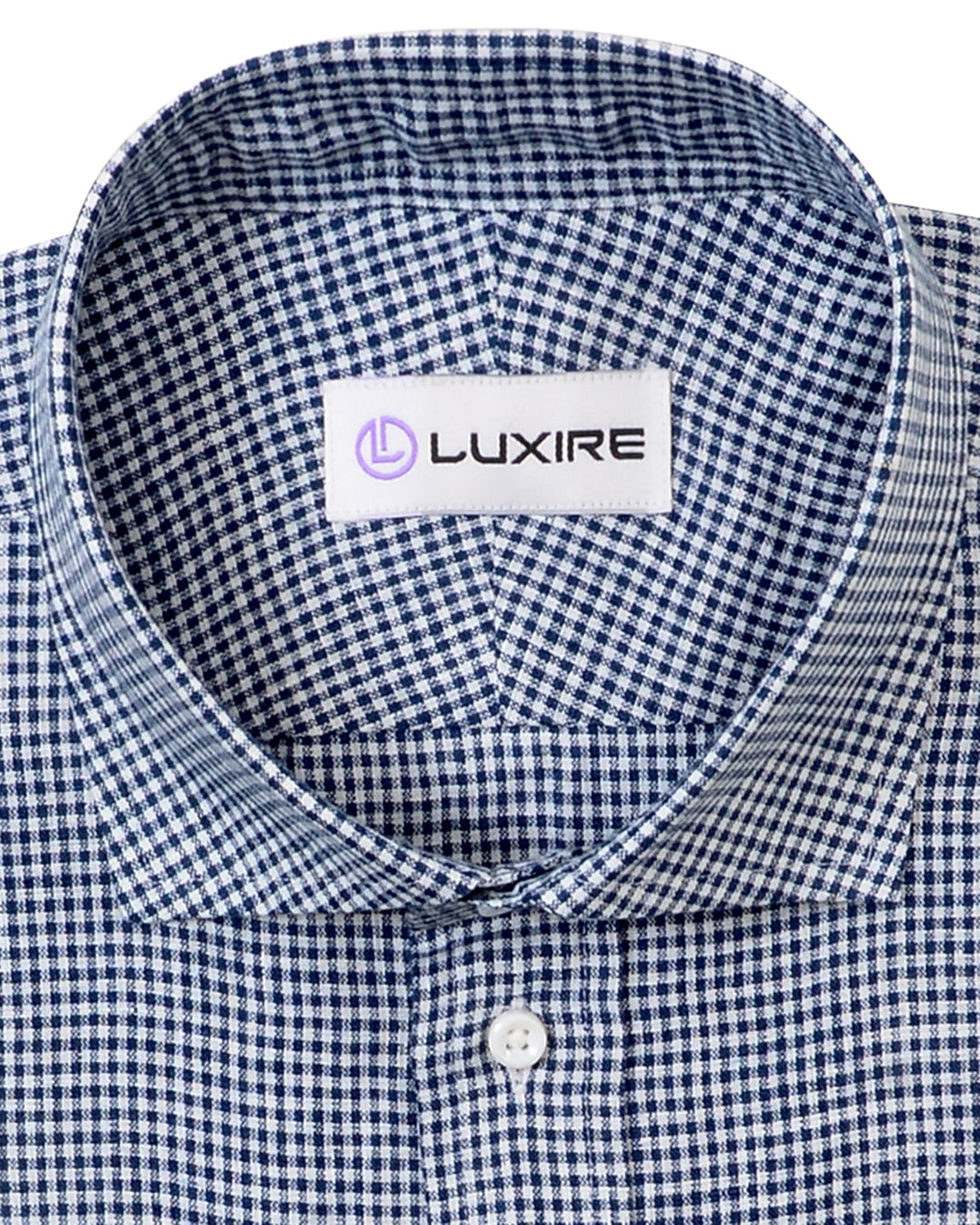 Collar of the custom linen shirt for men in blue and white gingham by Luxire Clothing