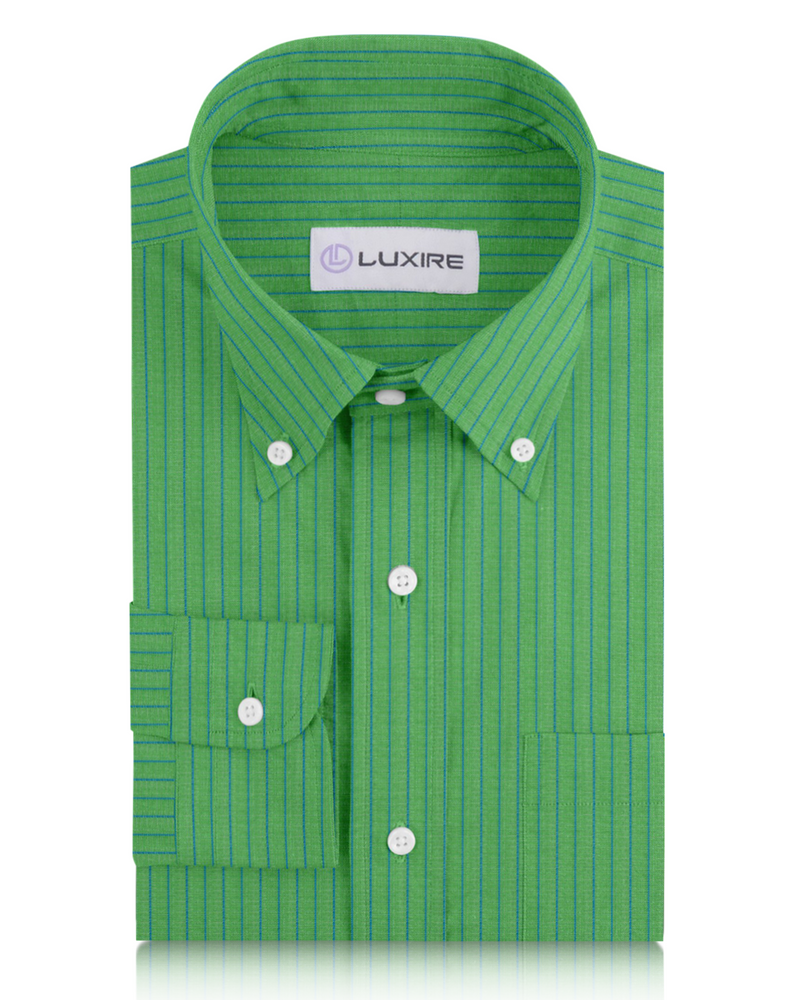 Cotton Linen: Blue Pencil Stripes On Green Shirt