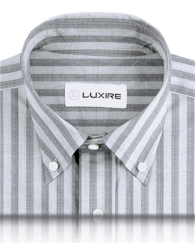 Collar of custom linen shirt for men in grey stripes on white by Luxire Clothing