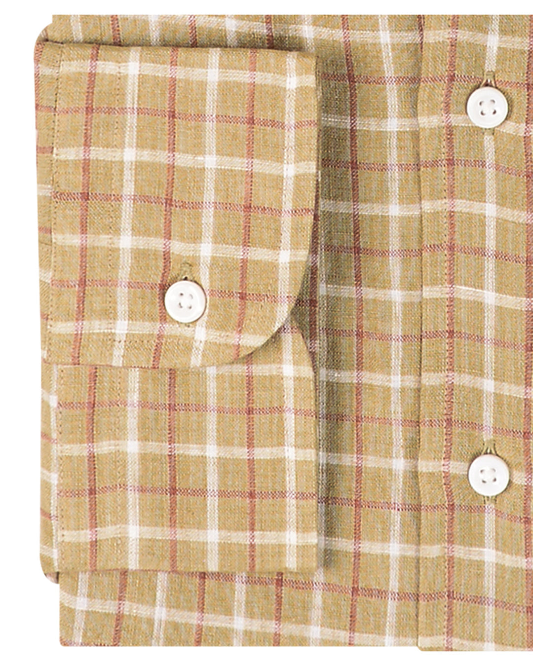 Close up view of custom linen shirt for men in khaki red tattersall