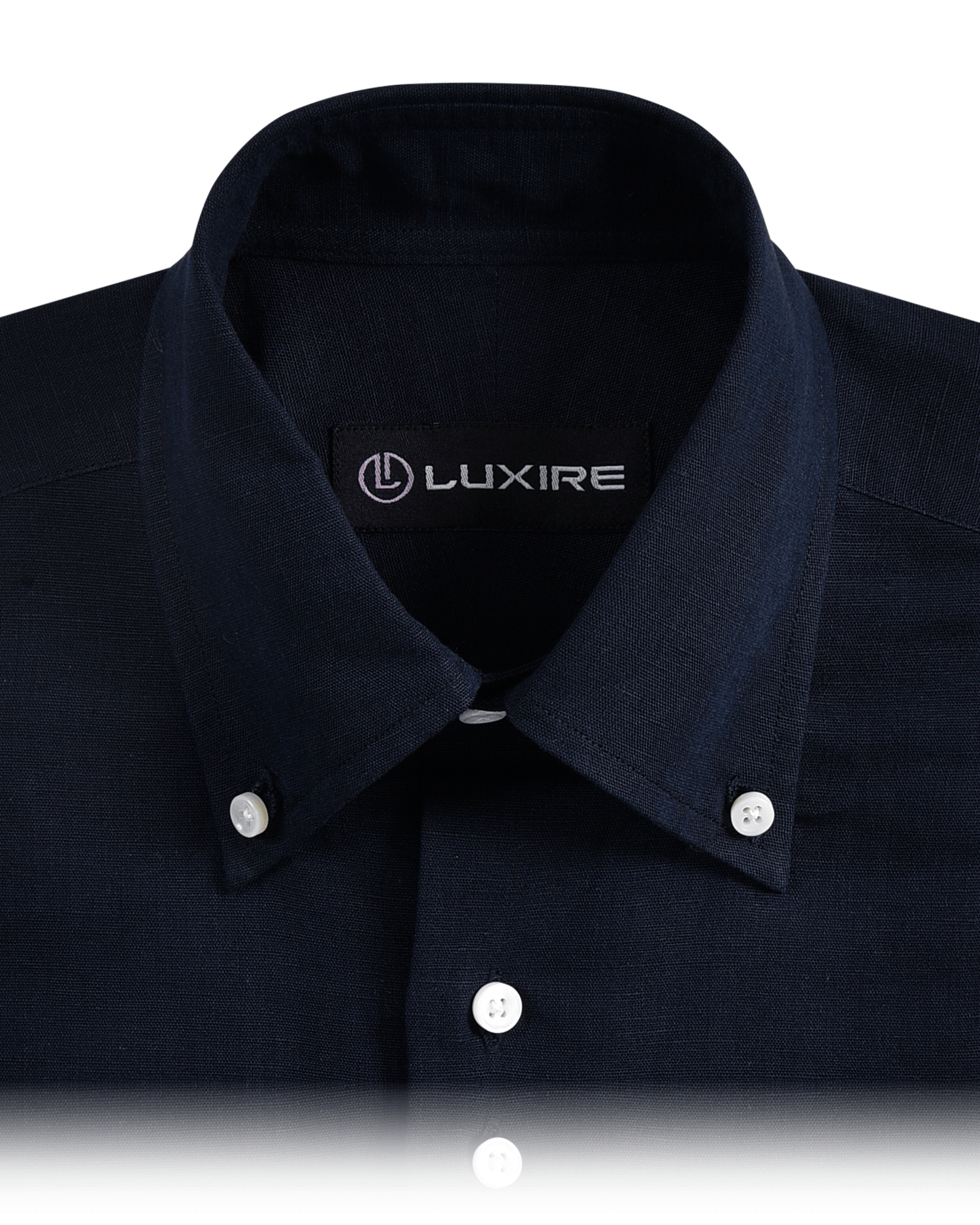 Collar of the custom linen shirt for men in navy blue by Luxire Clothing