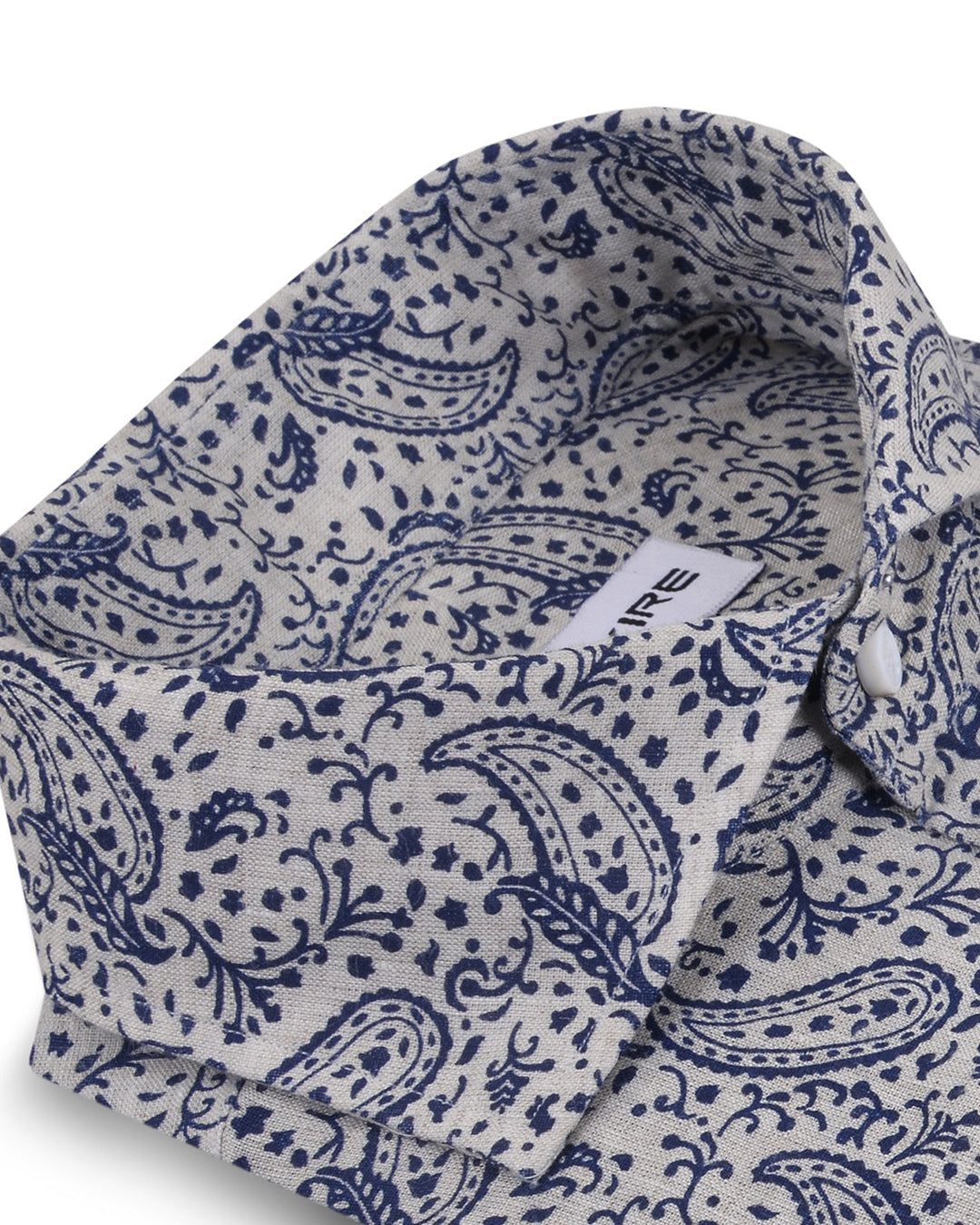 Collar of custom linen shirt for men in navy printed paisley