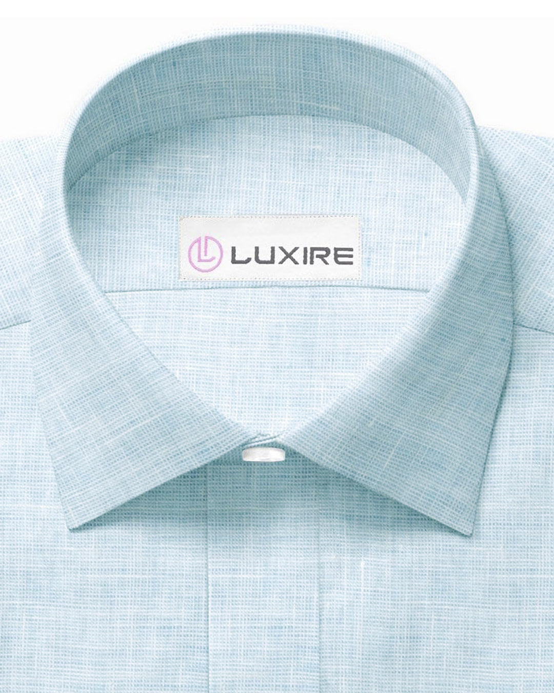 Collar of custom linen shirt for men in pale blue