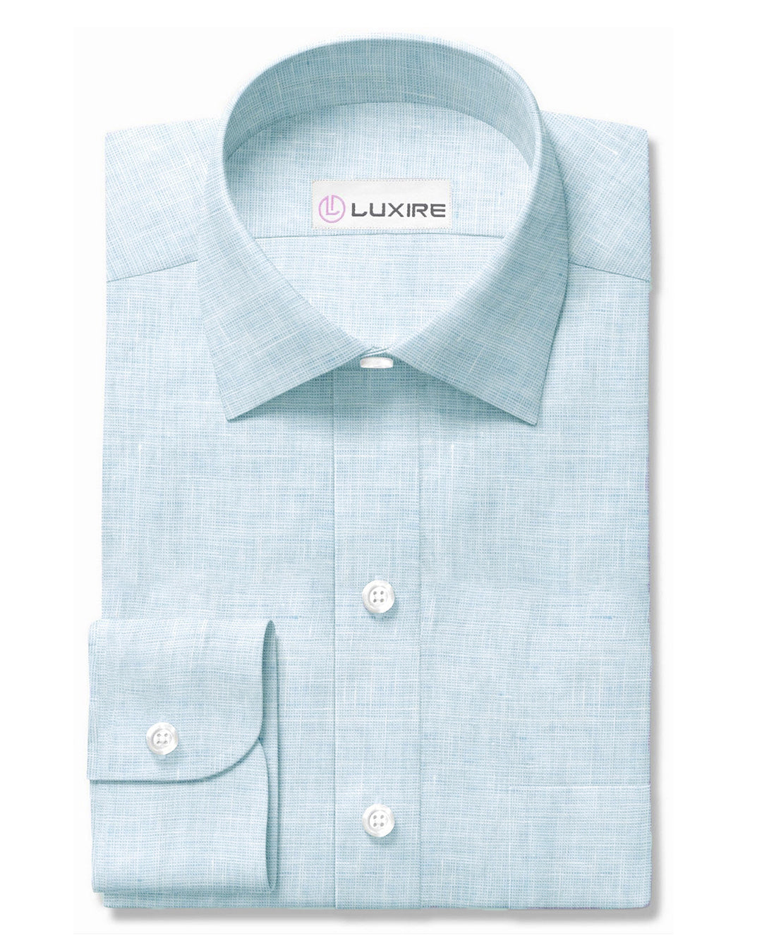 Front view of custom linen shirt for men in pale blue