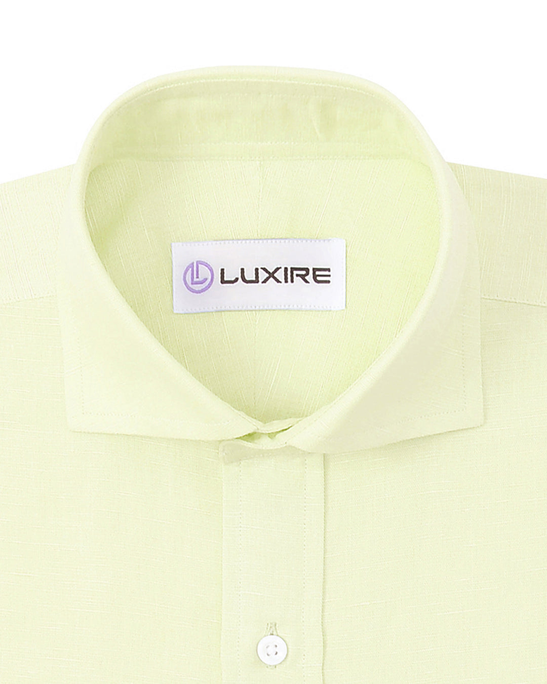Collar of the custom linen shirt for men in pale yellow by Luxire Clothing