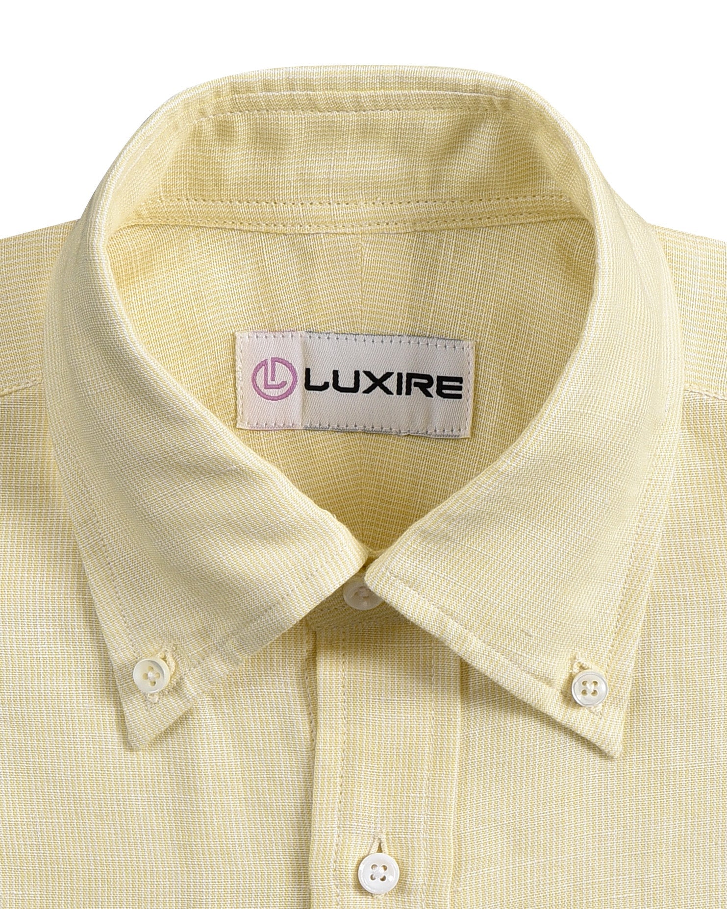 Collar of the custom linen shirt for men in pastel yellow by Luxire Clothing