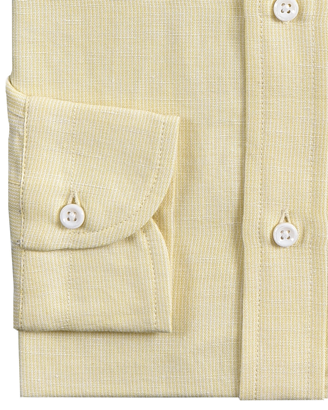 Cuff of the custom linen shirt for men in pastel yellow by Luxire Clothing