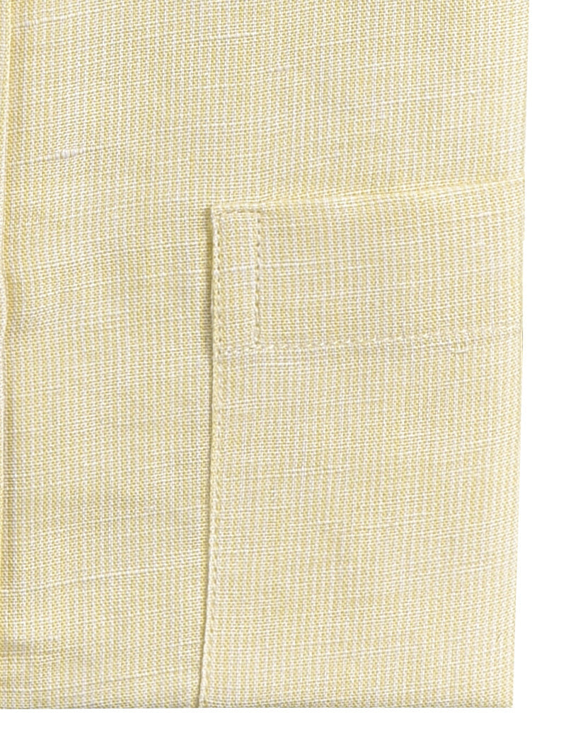 Close up of the custom linen shirt for men in pastel yellow by Luxire Clothing