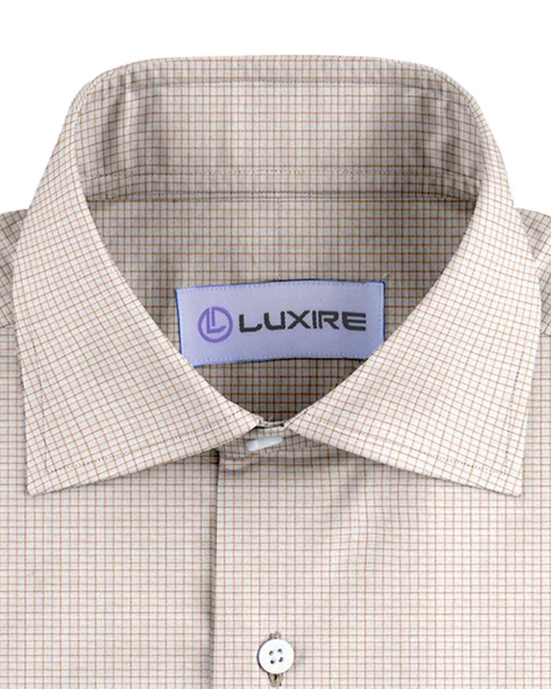 Collar of the custom linen shirt for men in tan and cream by Luxire Clothing