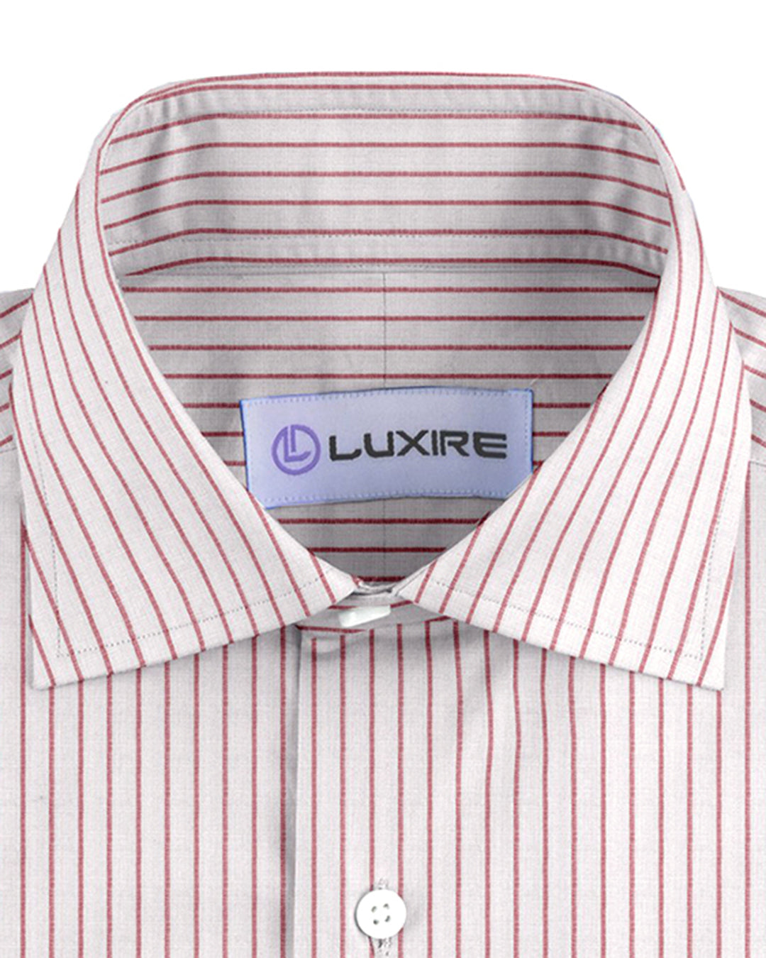 Collar of the custom linen shirt for men in white and red pinstripes by Luxire Clothing