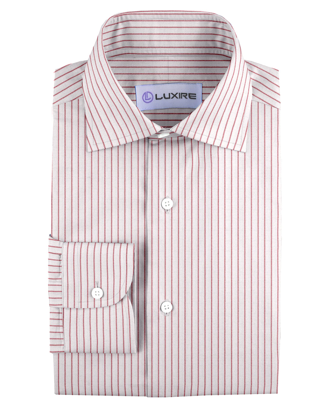 Front of the custom linen shirt for men in white and red pinstripes by Luxire Clothing