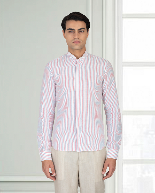 Cotton Linen: Red Blue Alternate stripes On White Shirt