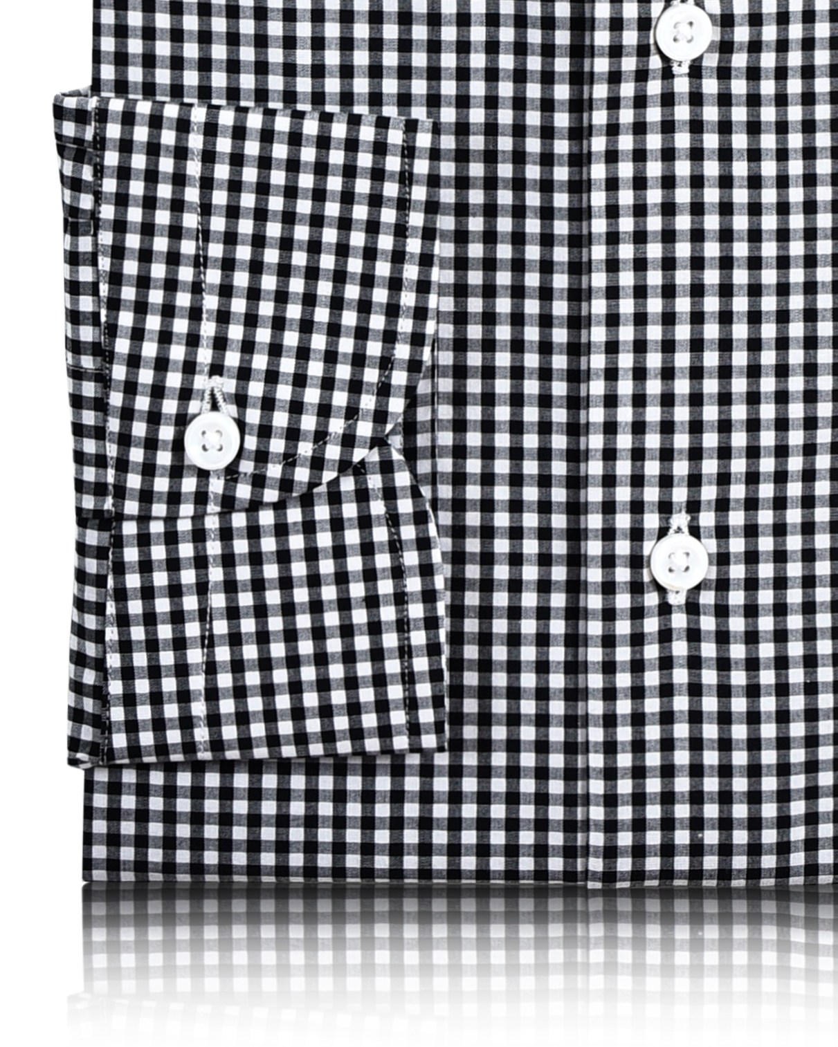 Close up view of custom check shirts for men by Luxire black and white gingham