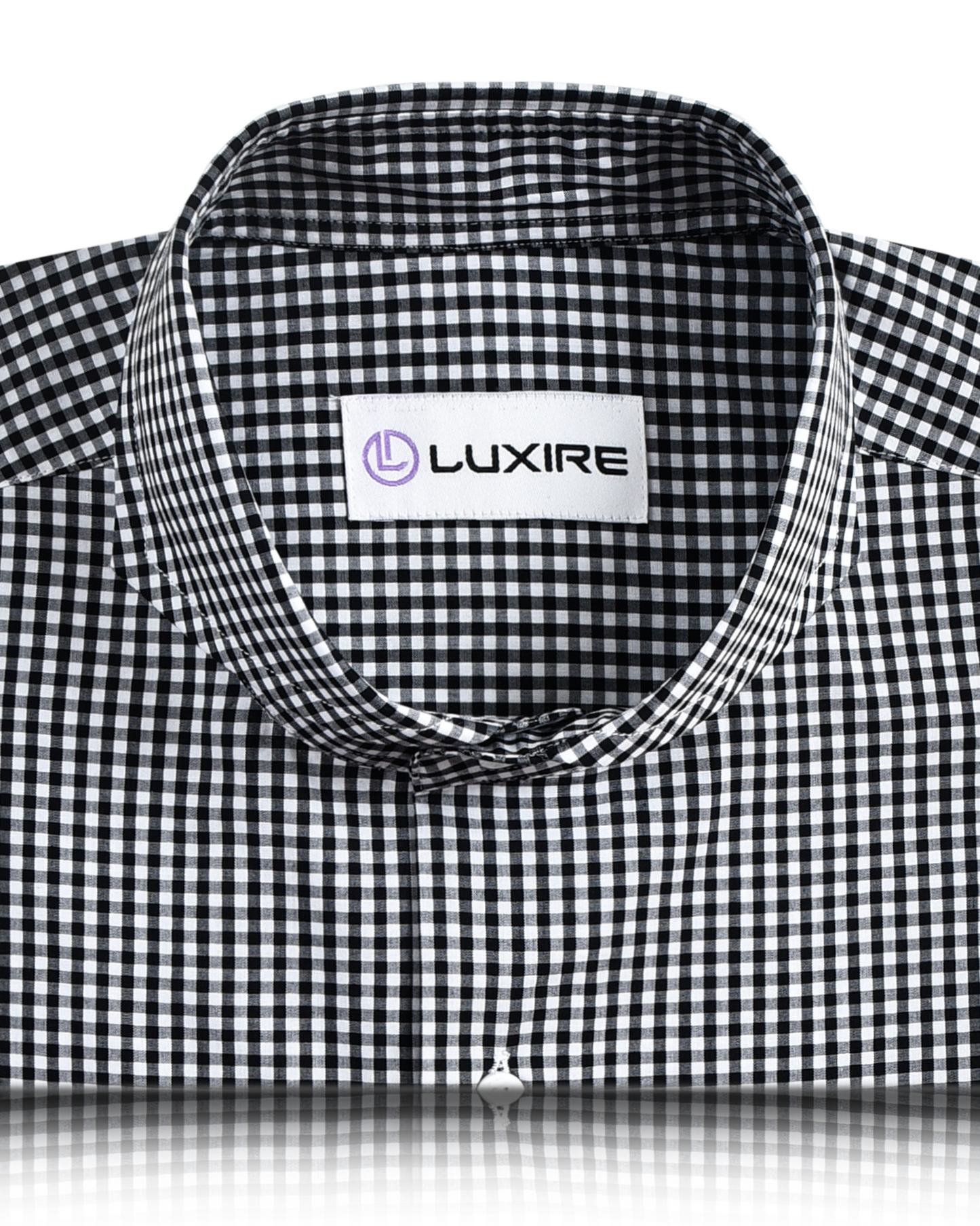 Front close view of custom check shirts for men by Luxire black and white gingham