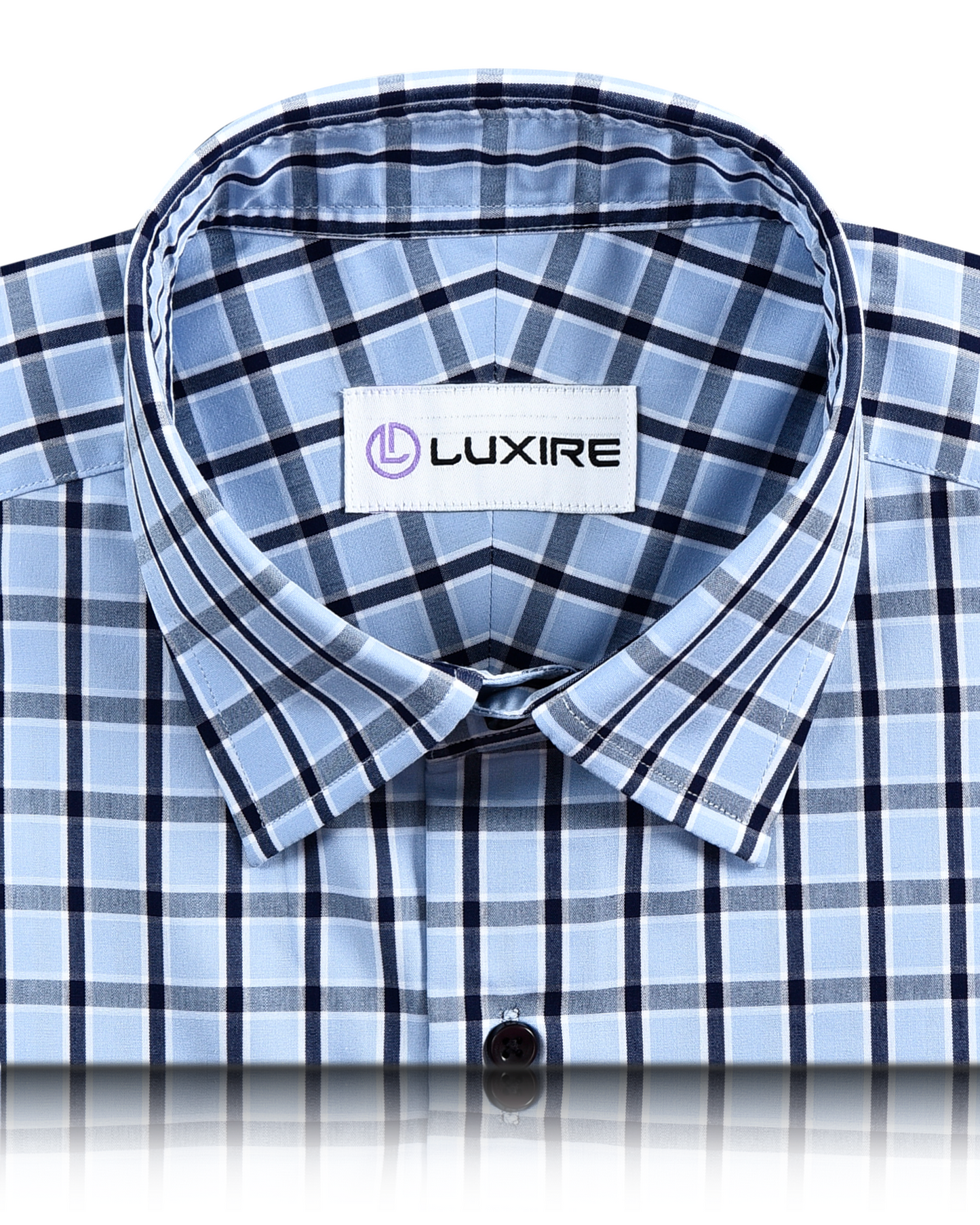 Front close view of custom check shirts for men by Luxire blue navy checks