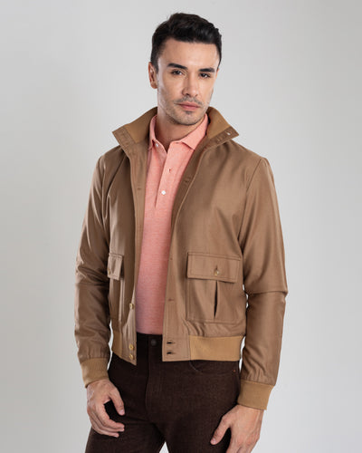 VBC: Sand Woolen Flannel Rib Collar Shirt Jacket