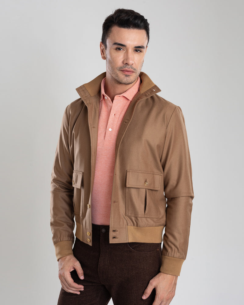 VBC: Sand Woolen Flannel Rib Collar Shirt Jacket