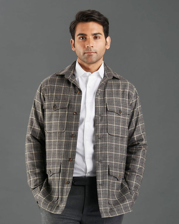 Loro Piana Brown and Grey Overchecks Shirt Jacket