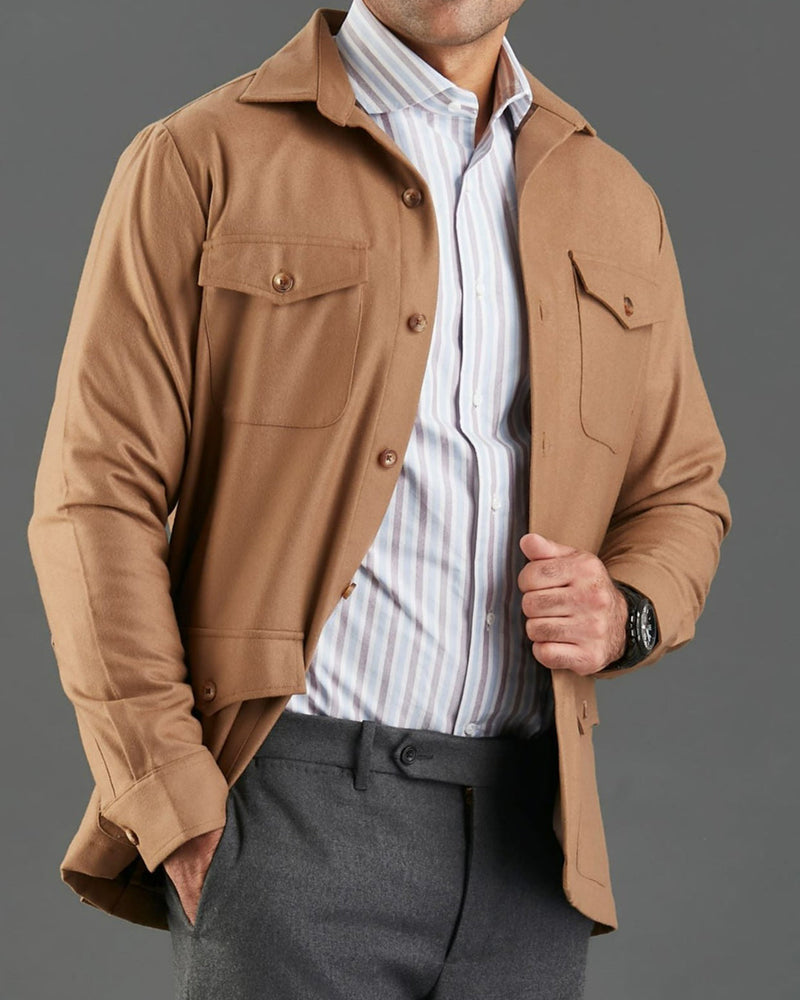 VBC: Sand Woolen Flannel Shirt Jacket