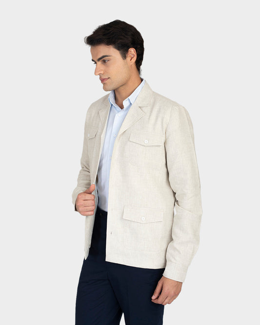 Model wearing the muslin shirt jacket for men by Luxire