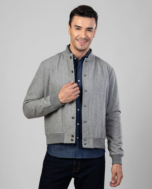 Model wearing the wool flannel shirt jacket for men by Luxire in grey
